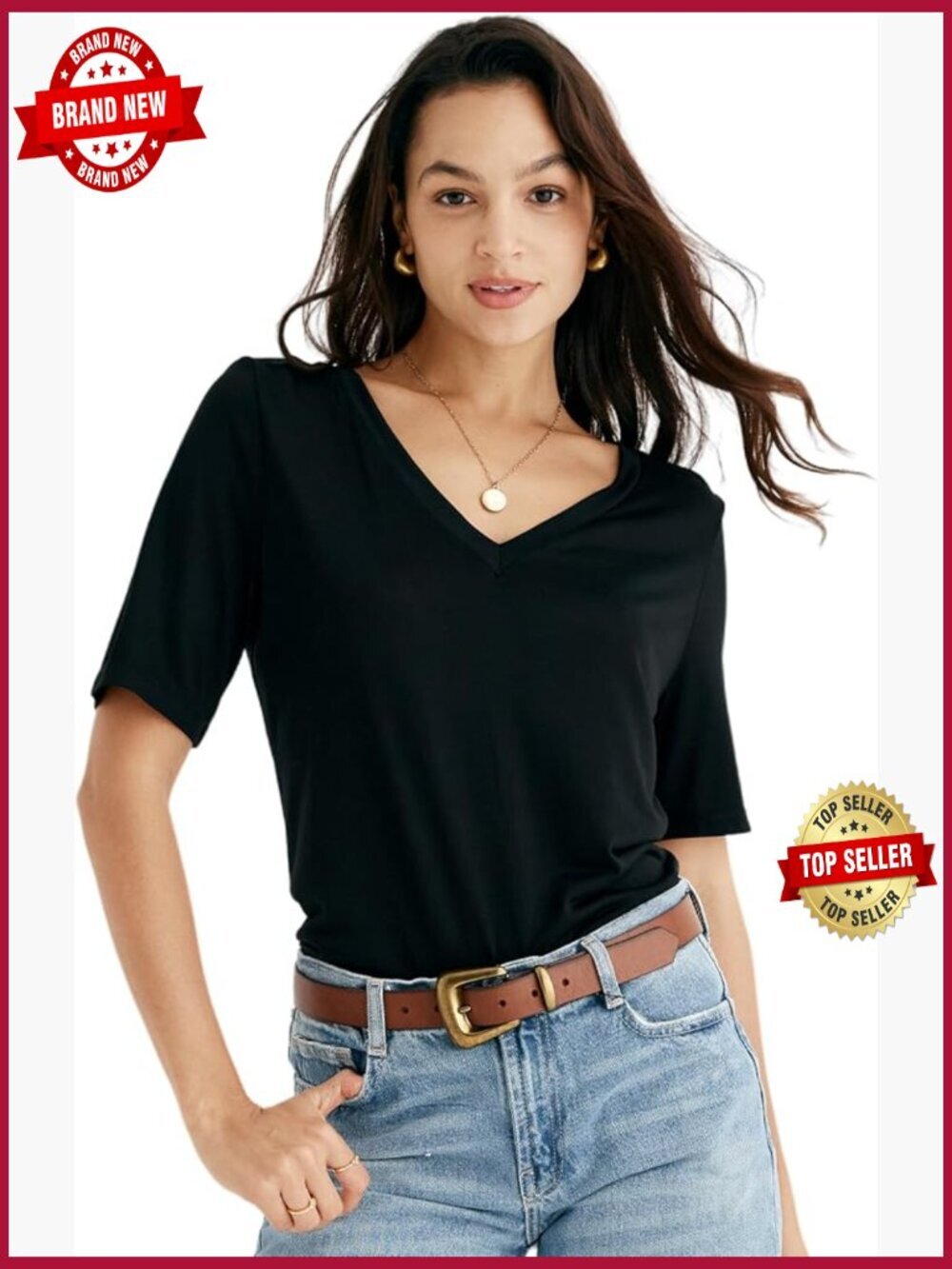 V-Neck Silk Tee T-Shirt Short Sleeve Blouse